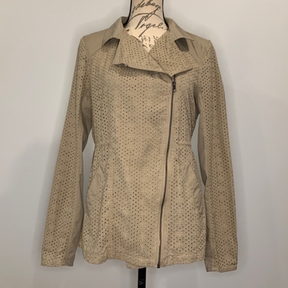 Me Jane eyelet asymmetrical zip front jacket inner draw cord taupe size small